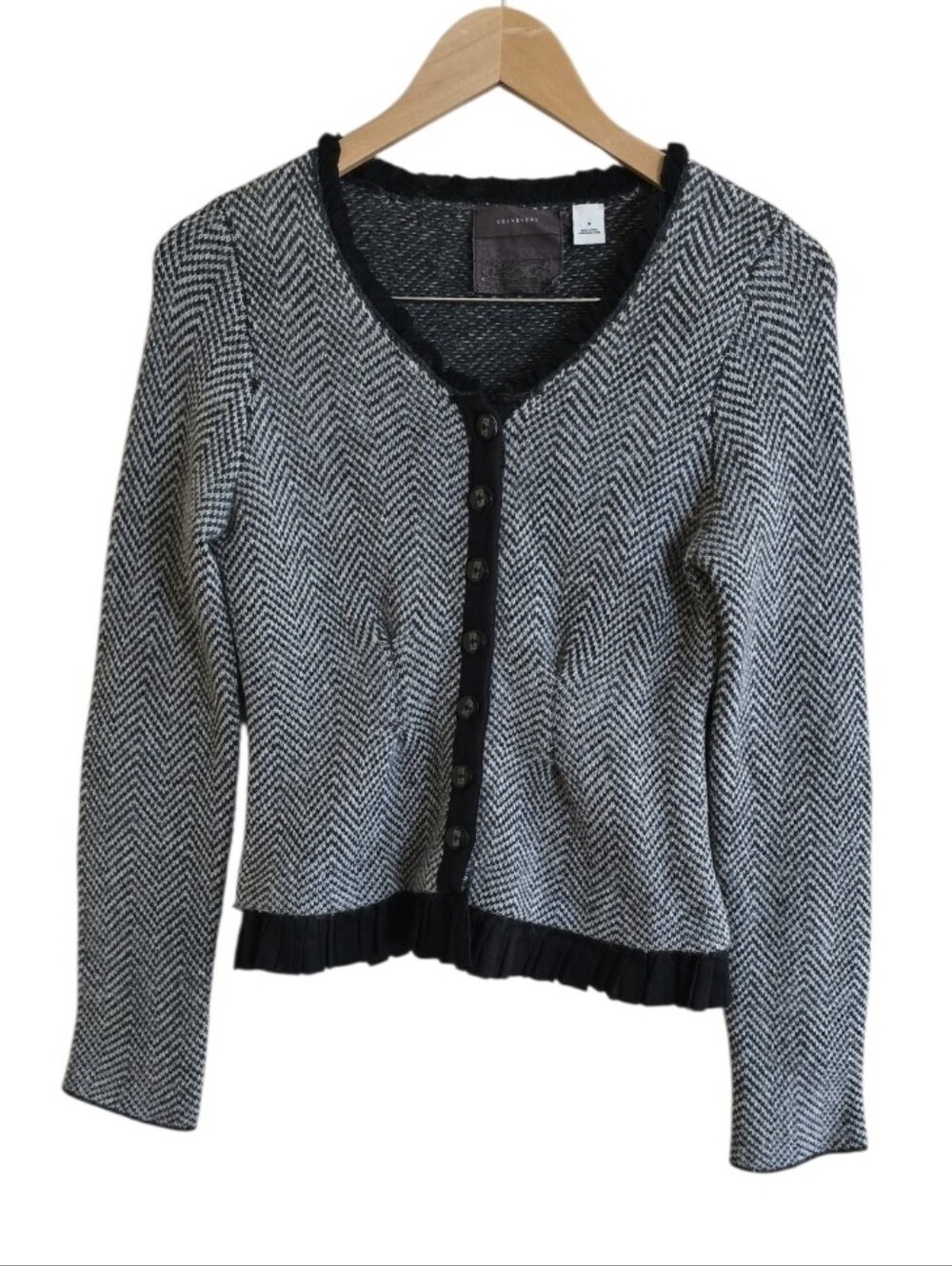 Guinevere Chevron Lambswool Angora Hair Blend Ruffle Hem Cardigan. Size Medium